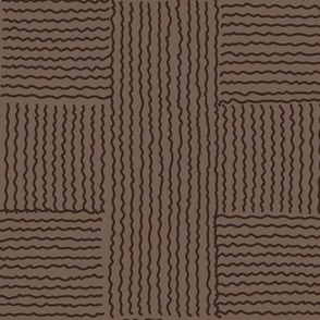 413 - Large jumbo scale dark chocolate brown wriggly wonky tessellated cross, hand drawn waves irregular lines, set to give the illusion of light and shadow. For large scale curtains, warm neutral serene  wallpaper, elegant duvet cover, unisex decor. . 