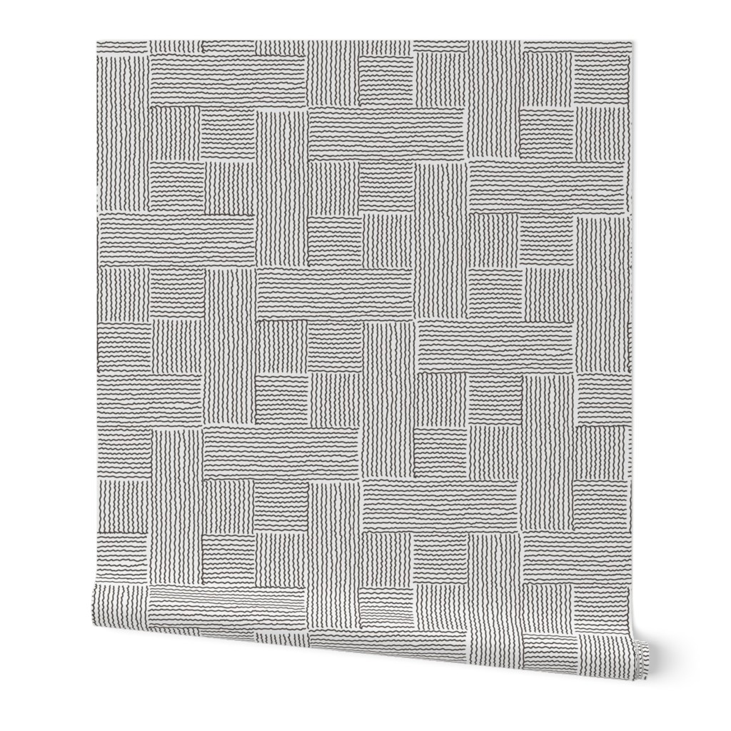 413 $ - Large jumbo scale cool neutral grey wriggly wonky tessellated cross, hand drawn waves irregular lines, set to give the illusion of light and shadow. For large scale curtains, warm neutral serene  wallpaper, elegant duvet cover, unisex decor. . 