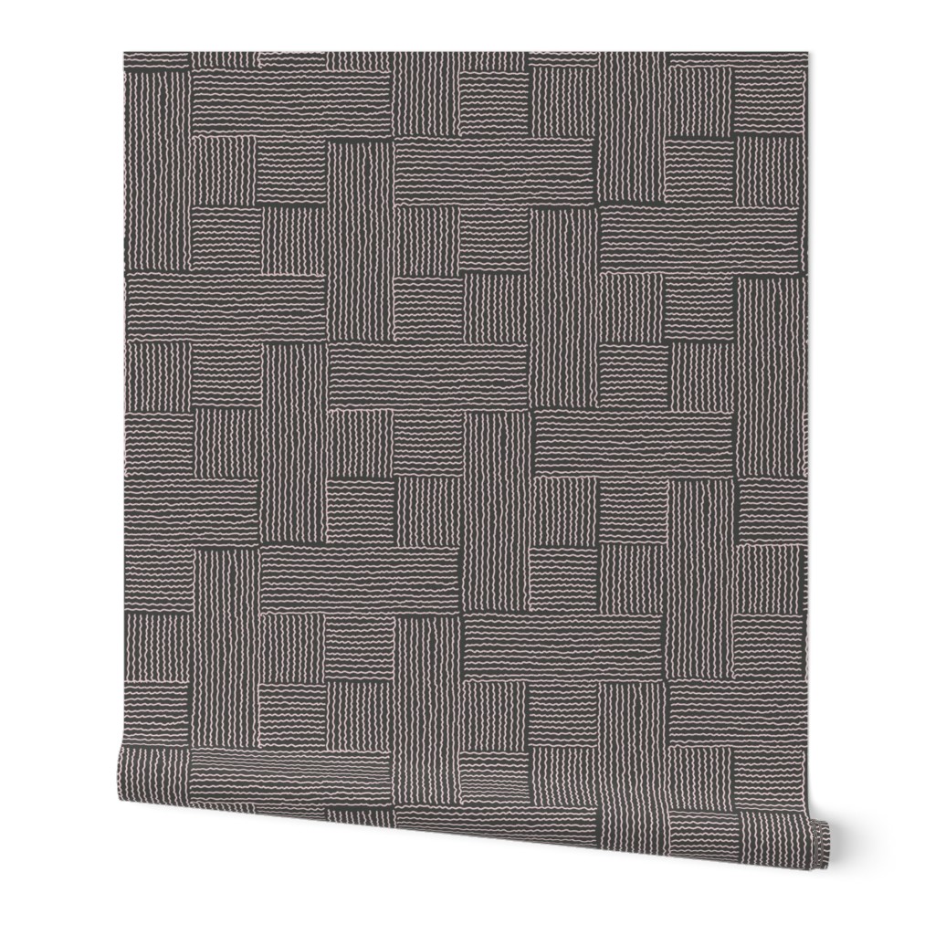 413 $ - Large jumbo scale dark charcoal grey wriggly wonky tessellated cross, hand drawn waves irregular lines, set to give the illusion of light and shadow. For large scale curtains, warm neutral serene  wallpaper, elegant duvet cover, unisex decor. . 