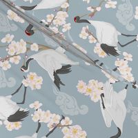 Cranes and cherry blossoms in blue background