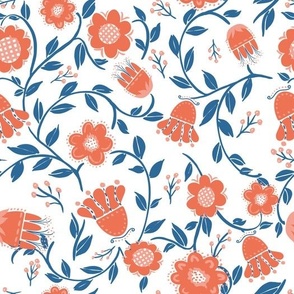 Royal Blue Bright Orange Peach Folksy Florals Vintage Retro Boho