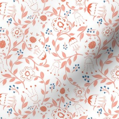 Peach Royal Blue Folksy Florals Vintage Retro Boho