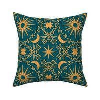 Celestial Morning Glory Welcome | Teal and Gold | Moon, Sun, & Stars Vintage 90s Bohemian
