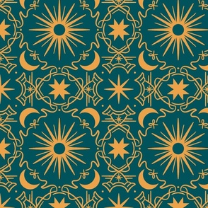 Celestial Morning Glory Welcome | Teal and Gold | Moon, Sun, & Stars Vintage 90s Bohemian