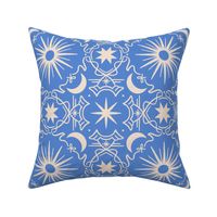 Celestial Morning Glory Welcome | Classic Blue and Cream Ecru | Moon, Sun, & Stars Vintage 90s