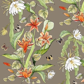 cheerful-wallpaper-lilies-cereus-and-butterflies-orange-green-white-on-taupe