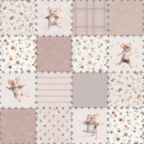 Large 9" Cheater quilt Fabric with cute mice Fabric  patchwork with stitches Botanical floral Shabby Chic Flower  fabric  with dandelions