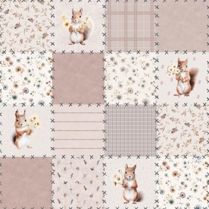 4.5" Cheater quilt Fabric with Squirrel floral  patchwork with stitches Botanical floral Shabby Chic Flower fabric  with dandelion and squirrel fabric