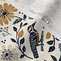 Woodpeckers and Wildflowers in mustard, charcoal and blue