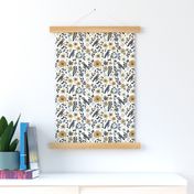 Woodpeckers and Wildflowers in mustard, charcoal and blue