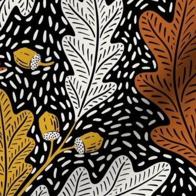 (L) Folksy oak leaves acorn black and white yellow peach fuzz orange  - autumn, fall, forest