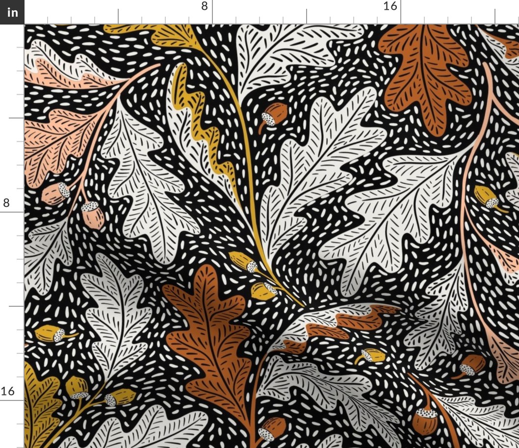 (L) Folksy oak leaves acorn black and white yellow peach fuzz orange  - autumn, fall, forest