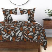 (L) Folksy oak leaves acorn black and white with orange brown  - autumn, fall, forest