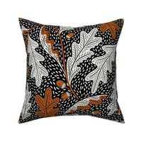 (L) Folksy oak leaves acorn black and white with orange brown  - autumn, fall, forest