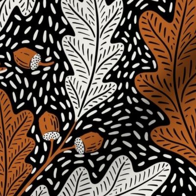 (L) Folksy oak leaves acorn black and white with orange brown  - autumn, fall, forest