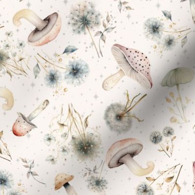 Botanical Pink Mushrooms and Dandelion Fabric blue dandelion fabric garden tossed mushrooms  herbal dandelions