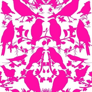 Bird Silhouette Damask - Hot Pink and White Large