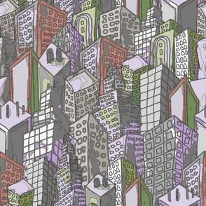 city buildings, green, purple, gray