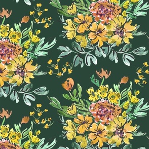 Floral fancy - New-granny chintz-o-rama - yellow and orange on dark green