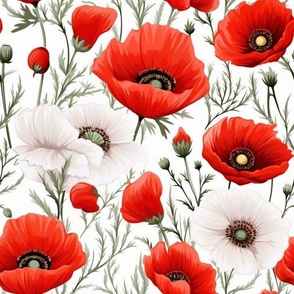 Contemporary Floral Red and White Poppy Flowers