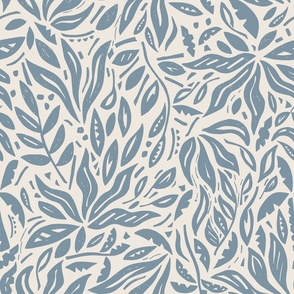 LARGE TRADITIONAL BOTANICAL COUNTRY FARMHOUSE WOODBLOCK FLORAL LEAVES-COASTAL BLUE+WHITE