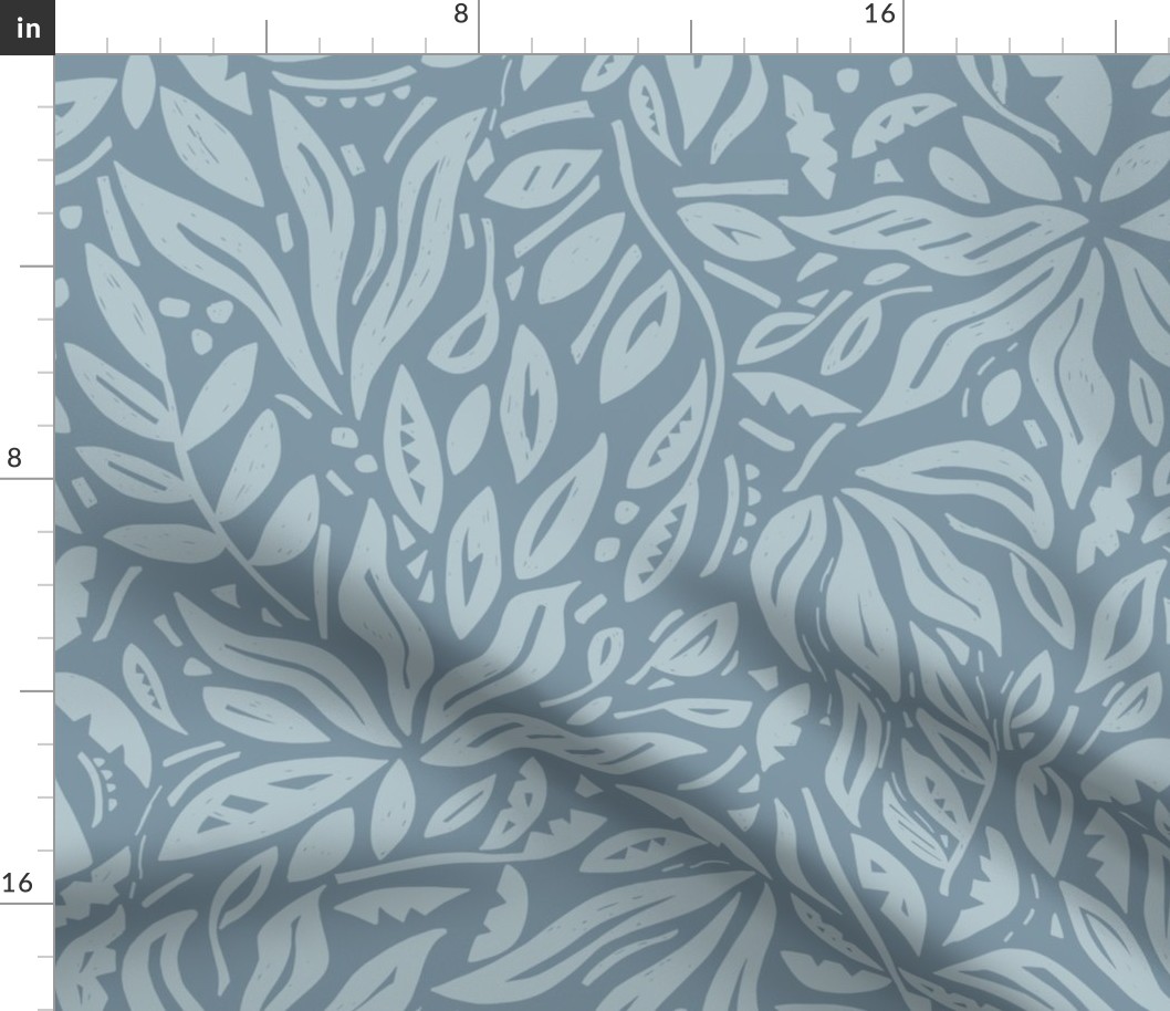 LARGE TRADITIONAL BOTANICAL COUNTRY FARMHOUSE WOODBLOCK FLORAL LEAVES-DENIM BLUES