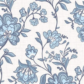 Blue Linen Floral Fabric, Wallpaper and Home Decor