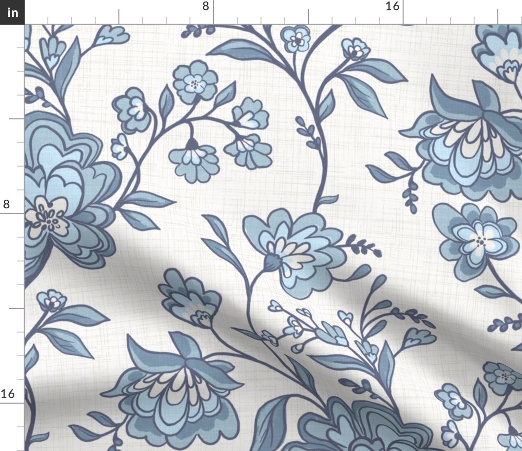 Blue and cream floral linen texture large