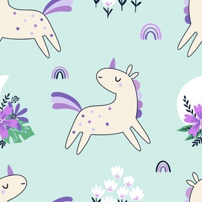 Unicorn Dance (purple and mint) Unicorns Rainbows Flowers, Girls Bedding Blanket Decor, large scale A
