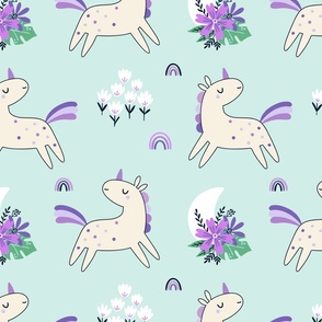 Unicorn Dance (purple and mint) Unicorns Rainbows Flowers, Girls Bedding Blanket Decor, half scale A