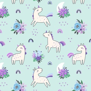 Unicorn Dance (purple and mint) Unicorns Rainbows Flowers, Girls Bedding Blanket Decor, half scale B