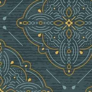 Sophisticated Modern Damask in Dark Teal and Gold
