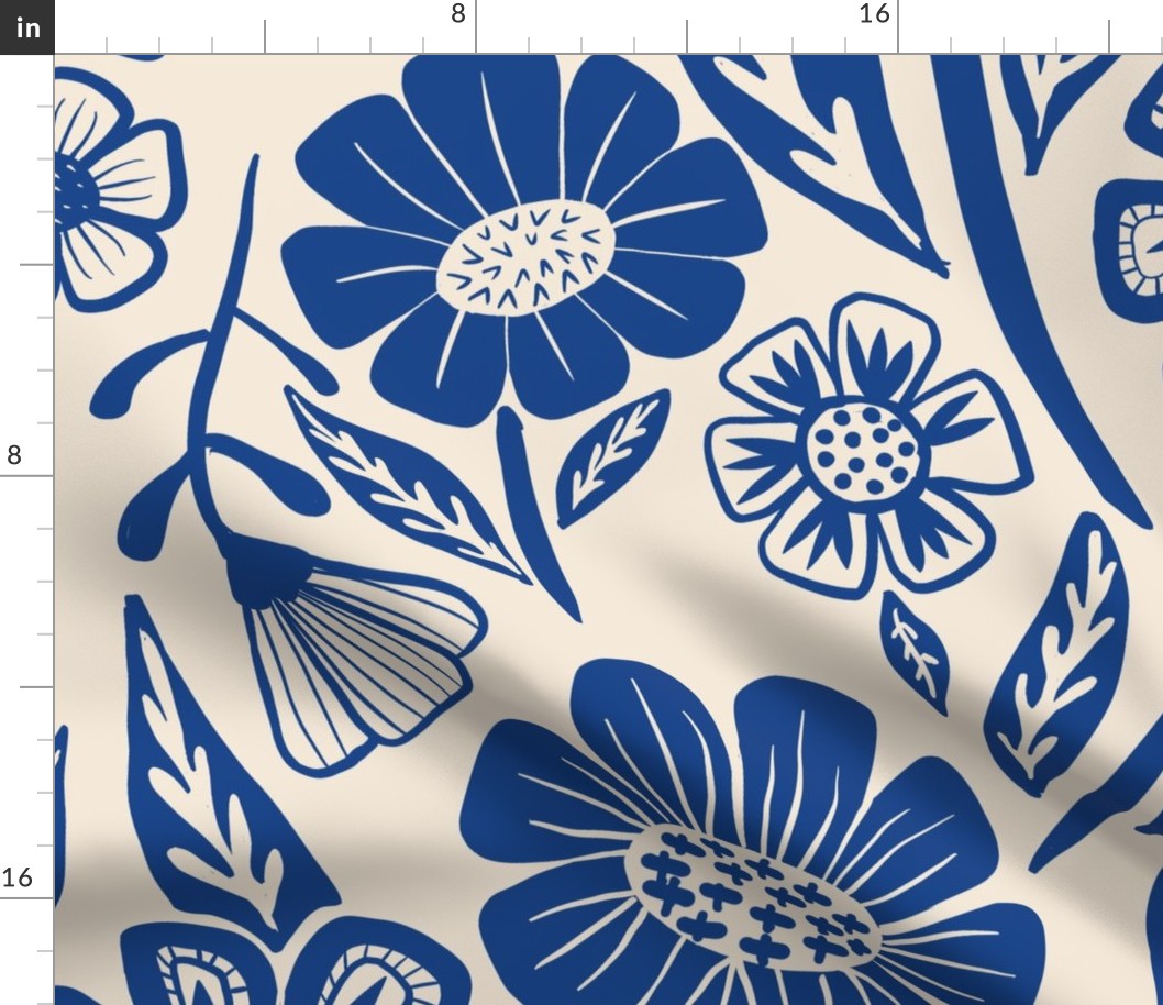 Blue flowers in block print style 40 inch/ jumbo