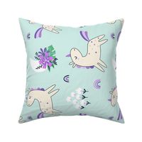 Unicorn Dance (purple and mint) Unicorns Rainbows Flowers, Girls Bedding Blanket Decor, half scale A ROTATED