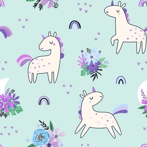 Unicorn Dance (purple and mint) Unicorns Rainbows Flowers, Girls Bedding Blanket Decor, large scale B