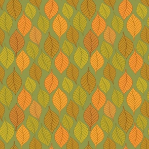 2744 leaves in autumn colors on a sage background  9” repeat.