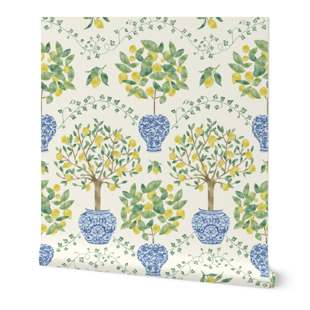 Large-Alhambra Lemon Trees in the Pottery- Ivory Blue