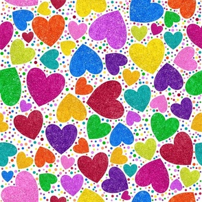Rainbow Hearts on White (faux glitter), Valentines Day, Valentine Fabric, Valentines, Valentine, Love, Love Hearts, Heart, Heart Fabric, Tossed