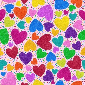 Rainbow Hearts on Pink, (faux glitter), Valentines Day, Valentine Fabric, Valentines, Valentine, Love, Love Hearts, Heart, Heart Fabric, Tossed
