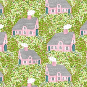 Cottage House Pattern, House Pattern, Pink Cottage, Floral Pattern, Novelty Pattern, Kids Pattern, Nursery Pattern, Woodland Pattern, Hand-Drawn,  English Pattern