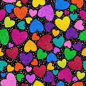 Rainbow Hearts on Black (faux glitter), Dots, Valentines Day, Valentine Fabric, Valentines, Valentine, Love, Love Hearts, Heart, Heart Fabric, Tossed