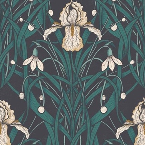 medium // Art Nouveau White Iris on Charcoal Grey