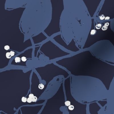 blue leaves with berries and branches in midnight