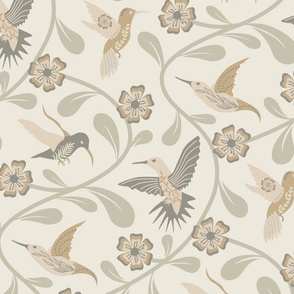Tranquil Vines and Hummingbirds in Neutral Tones // large // nature, science, beige, tan, green