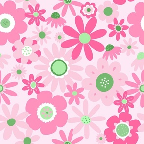 Retro Floral Fabric on Pink-white, green, pink, 70s Vintage Floral, Retro Flowers, Florals, Flowers, Pink Flowers, Pink Floral, Preppy, Girls