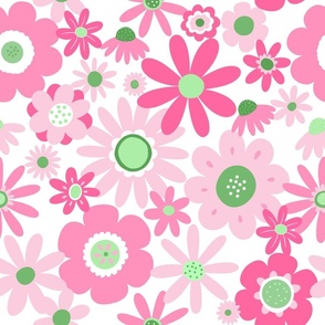 Retro Floral Fabric-white, green, pink, 70s Vintage Floral, Retro Flowers, Florals, Flowers, Pink Flowers, Pink Floral, Preppy, Girls