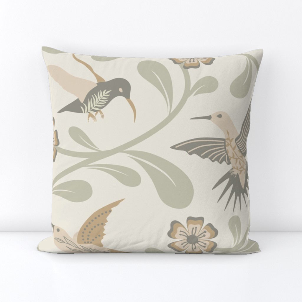 Tranquil Vines and Hummingbirds in Neutral Tones // X-large // nature, science, beige, tan, green