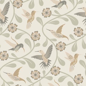 Tranquil Vines and Hummingbirds in Neutral Tones // X-large // nature, science, beige, tan, green