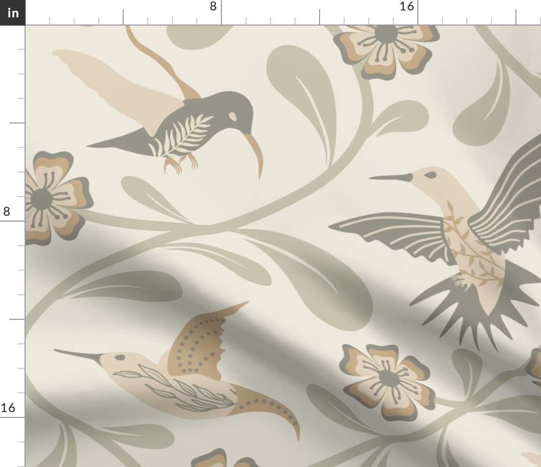 Tranquil Vines and Hummingbirds in Neutral Tones // X-large // nature, science, beige, tan, green