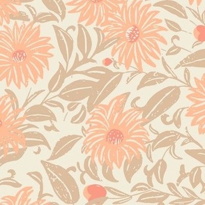 Big flowers and flower blooms and buds leaf design - chintz | Large Version | Modern large floral print in beige and peach